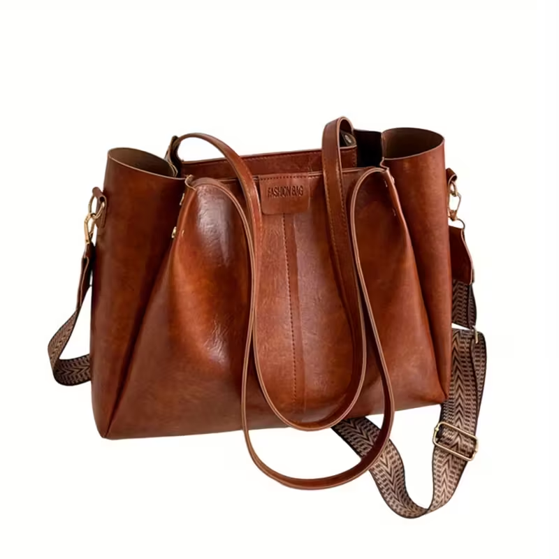 クラシックPUレザートートバッグ - ブラウン